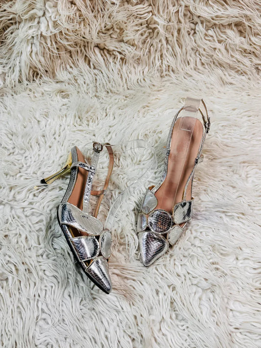 Silver pencil heel pump style