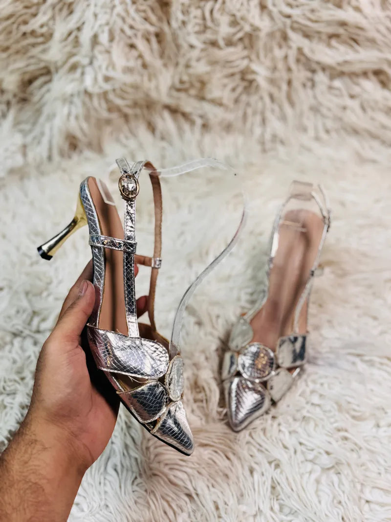 Silver pencil heel pump style