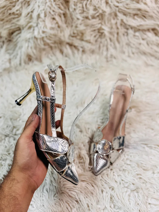 Silver pencil heel pump style
