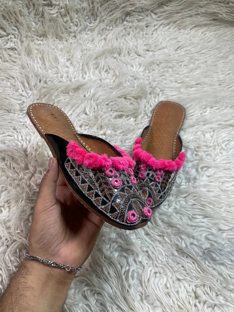 khaadi Black pink Embroided khusa style Flat